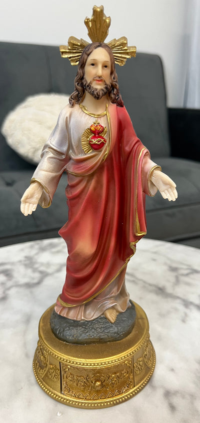 Sacred Heart of Jesus Desktop Statue with Hidden Drawer for Prayer Intentions - 9 inches tall