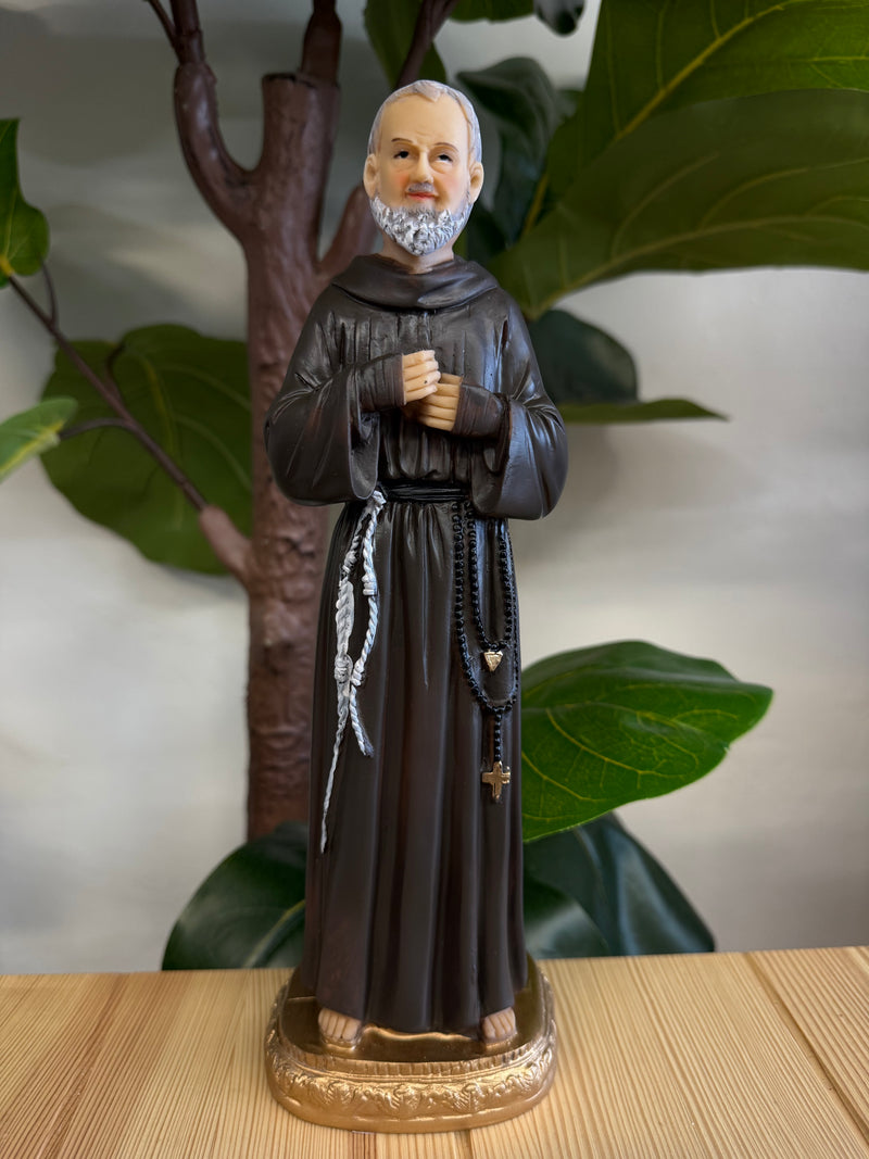 12-Inch Padre Pio Statue with Traditional Brown Robe and Bronze Base
