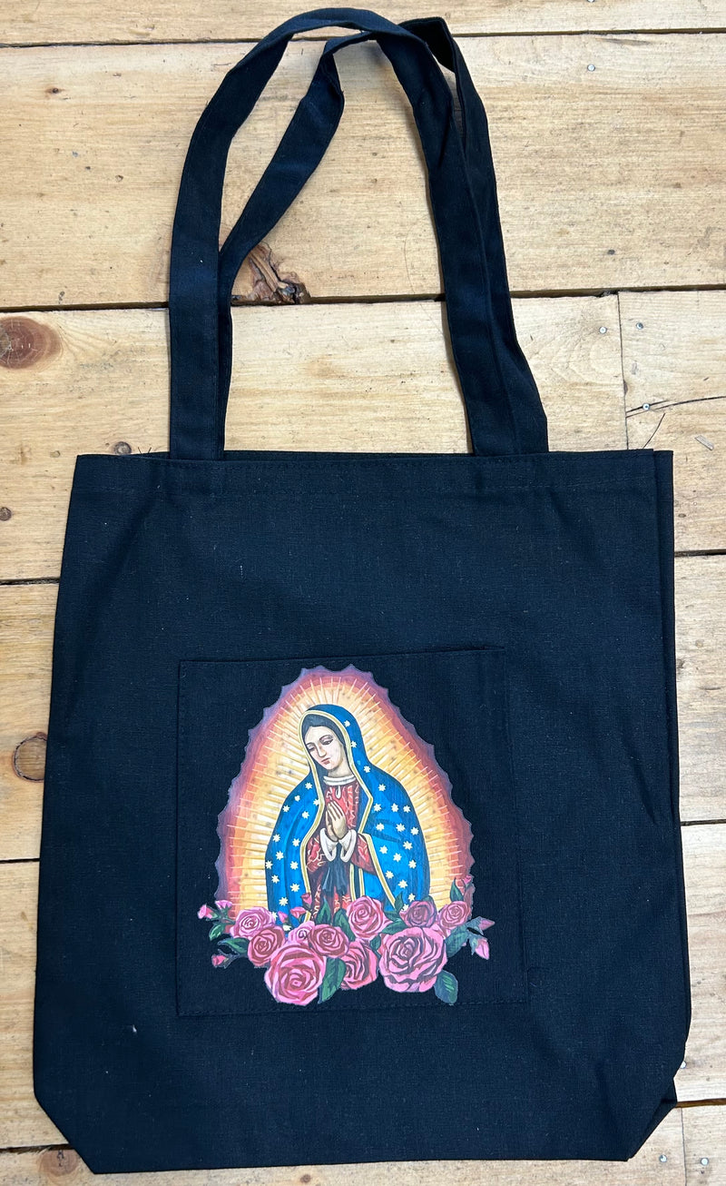 Our Lady of Guadalupe Black Canvas Tote Bag with Pocket