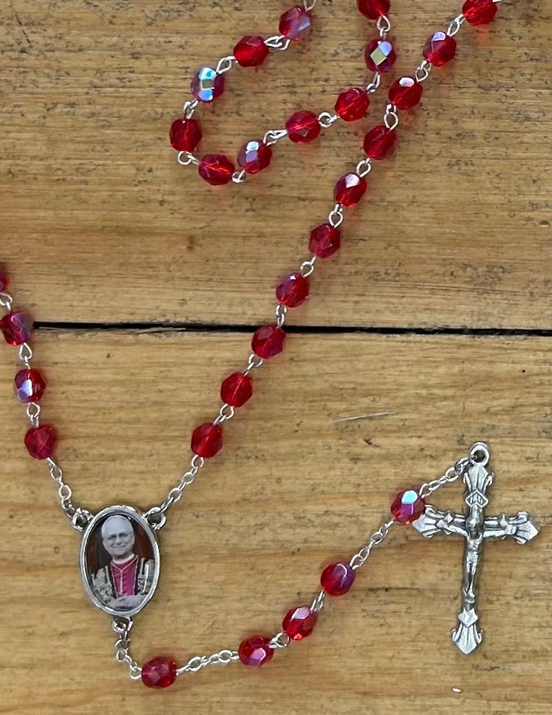 Pope Leo XIV Red Rosary with Photo Center and Prayer Card