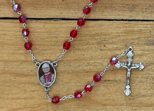 Pope Leo XIV Red Rosary with Photo Center and Prayer Card