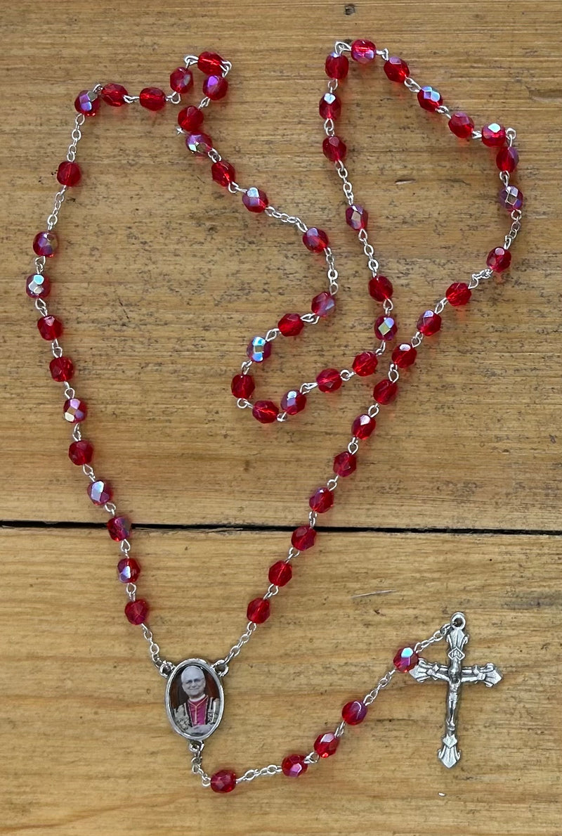 Pope Leo XIV Red Rosary with Photo Center and Prayer Card