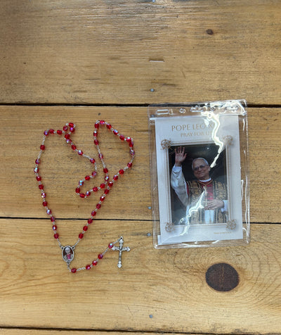 Pope Leo XIV Red Rosary with Photo Center and Prayer Card