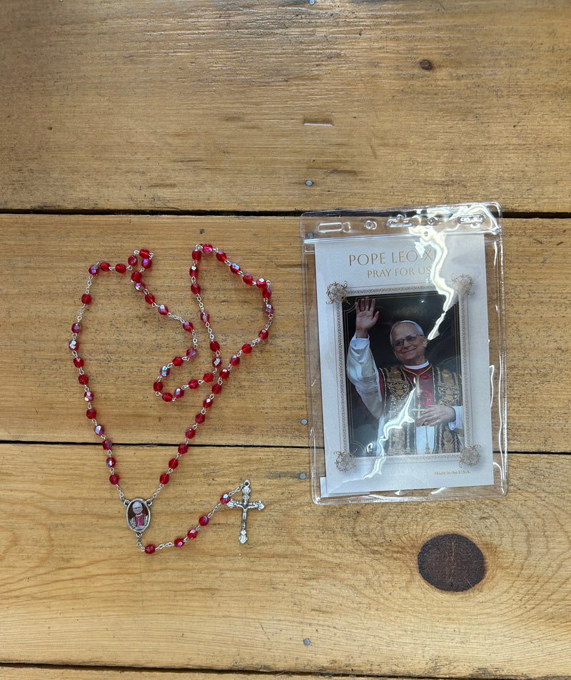 Pope Leo XIV Red Rosary with Photo Center and Prayer Card