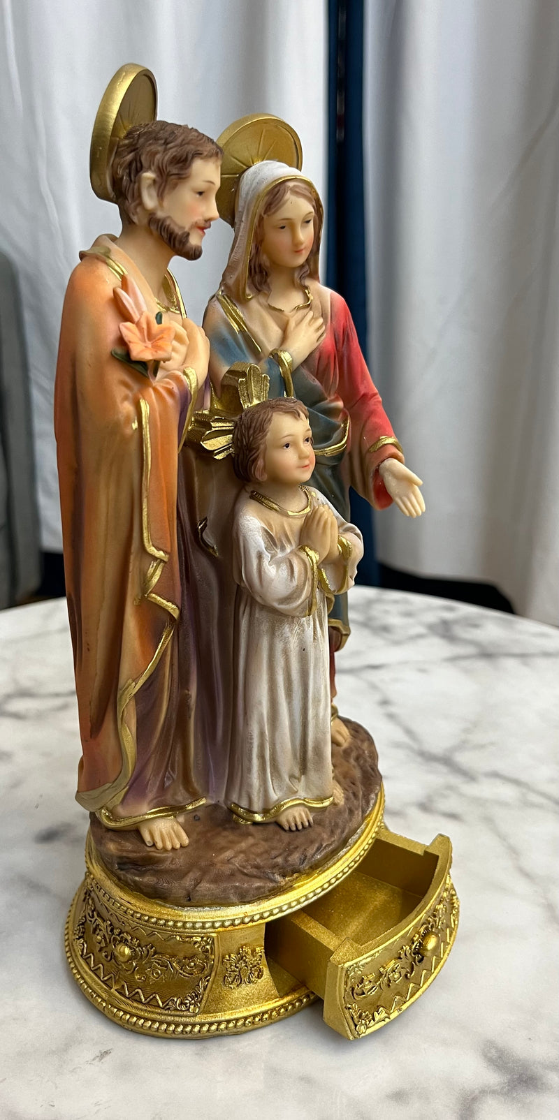 Holy Family Desktop Statue with Hidden Drawer For Prayer Intentions - 9 and 1/2 inches Tall