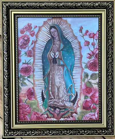 Our Lady of Guadalupe With Roses Framed Print - 12 and 1/2 inches w/ Gold Leafed Frame