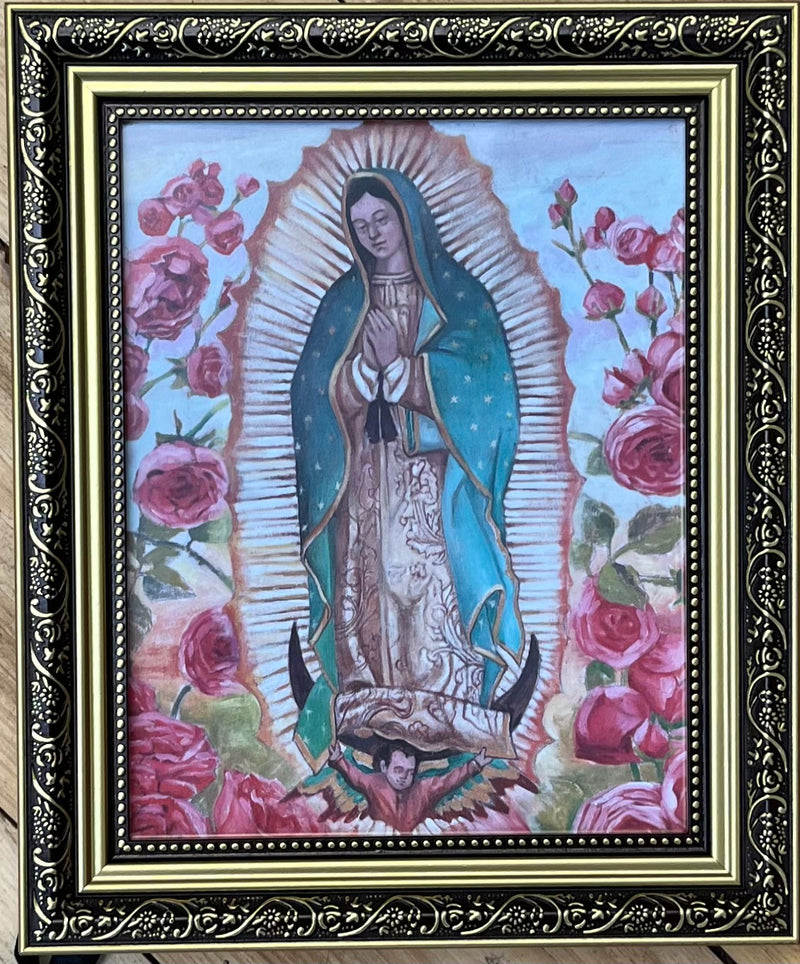 Our Lady of Guadalupe With Roses Framed Print - 12 and 1/2 inches w/ Gold Leafed Frame