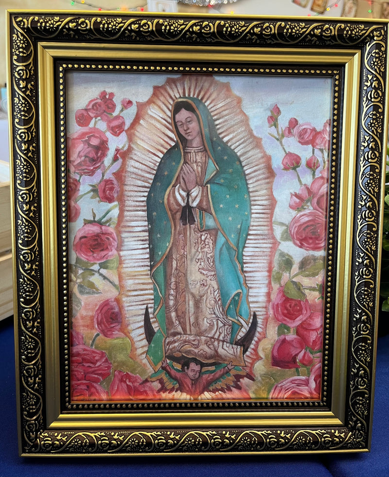 Our Lady of Guadalupe With Roses Framed Print - 12 and 1/2 inches w/ Gold Leafed Frame