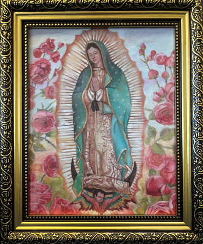 Our Lady of Guadalupe With Roses Framed Print - 12 and 1/2 inches w/ Gold Leafed Frame