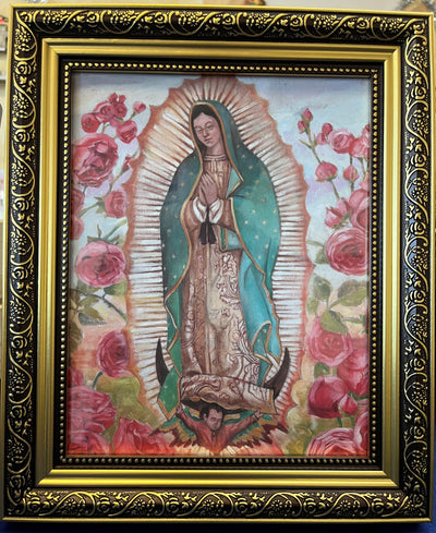 Our Lady of Guadalupe With Roses Framed Print - 12 and 1/2 inches w/ Gold Leafed Frame