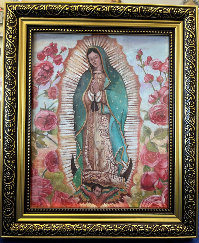 Our Lady of Guadalupe With Roses Framed Print - 12 and 1/2 inches w/ Gold Leafed Frame