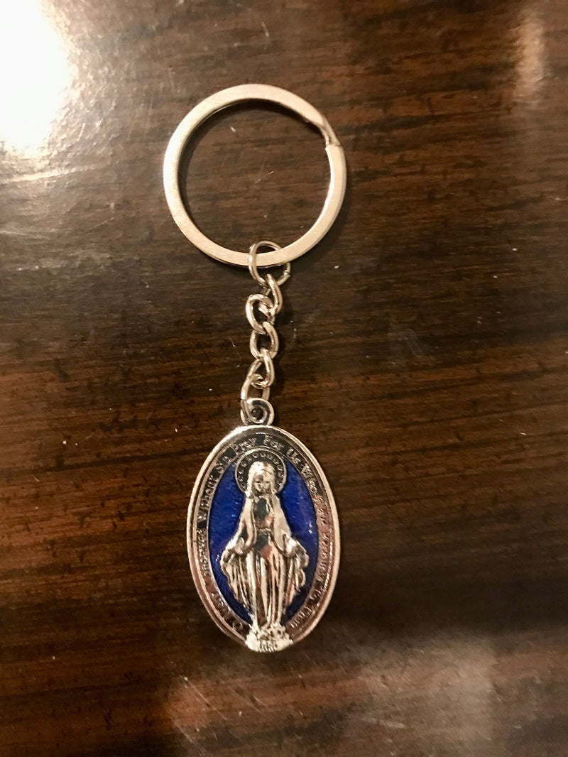 Silver and Blue Enamel Miraculous Medal Keychain