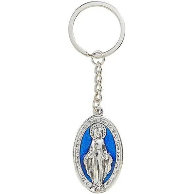 Silver and Blue Enamel Miraculous Medal Keychain