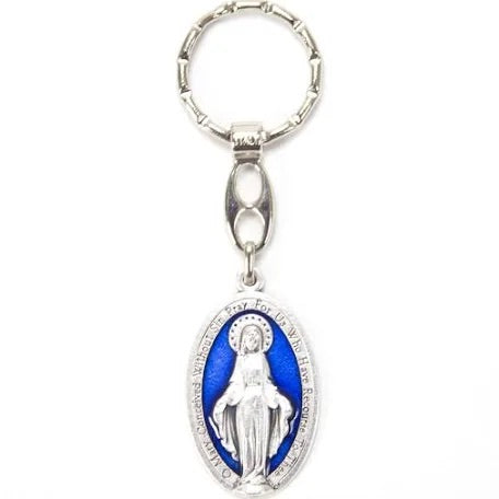 Silver and Blue Enamel Miraculous Medal Keychain