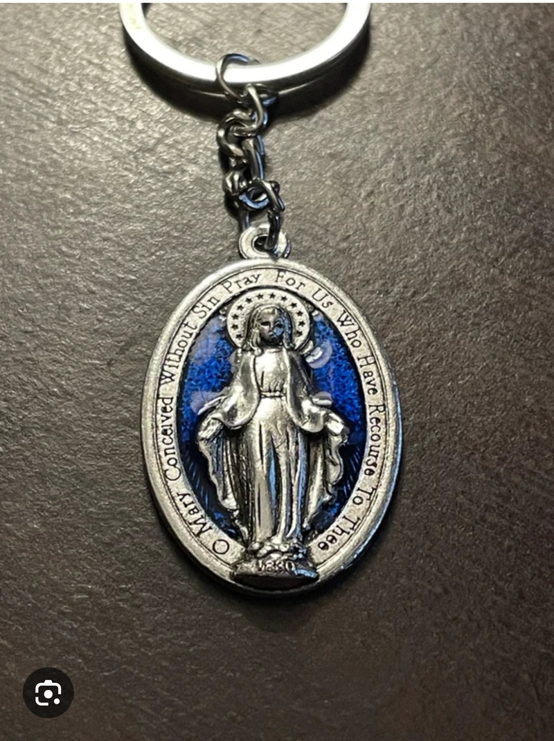 Silver and Blue Enamel Miraculous Medal Keychain