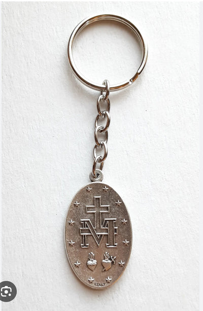 Silver and Blue Enamel Miraculous Medal Keychain