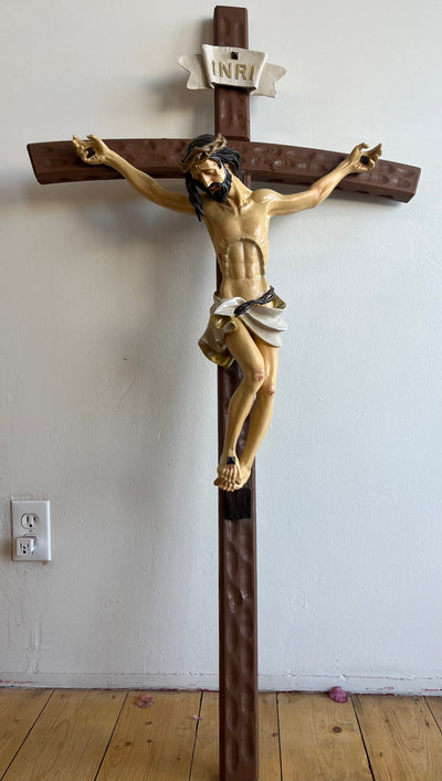 50-Inch Hammered Wood Crucifix with Resin Corpus – A Bold and Reverent Statement Piece