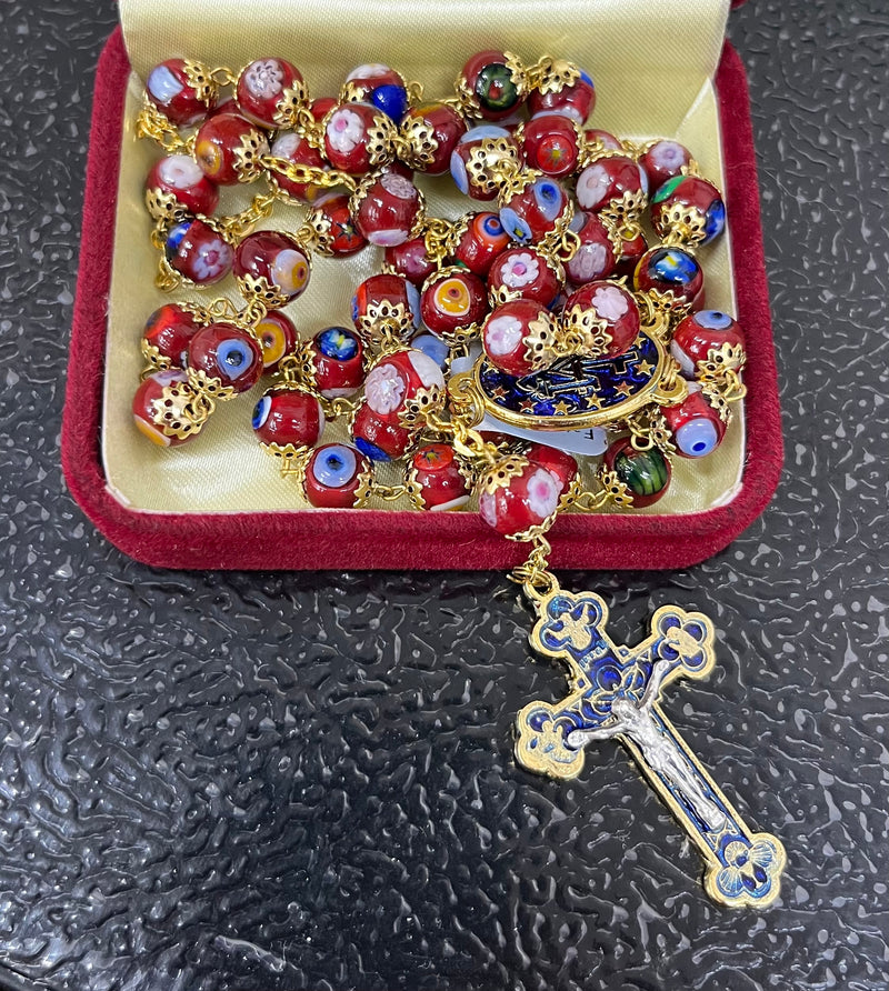 Murano Burgundy Rosary – Exquisite Glass Beads with Ornate Gold & Blue Crucifix