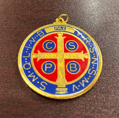 1-3/4" St. Benedict Enameled Gold Medal – Vibrant Red &amp; Blue Design