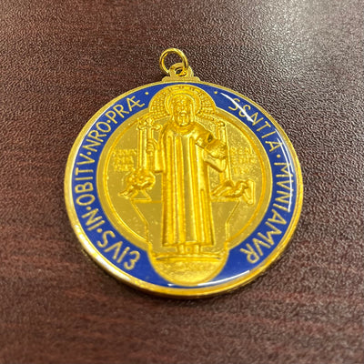 1-3/4" St. Benedict Enameled Gold Medal – Vibrant Red &amp; Blue Design