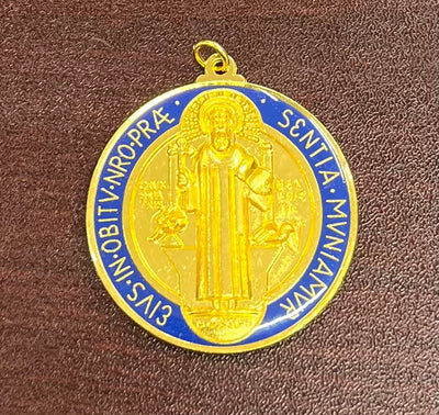 1-3/4" St. Benedict Enameled Gold Medal – Vibrant Red &amp; Blue Design