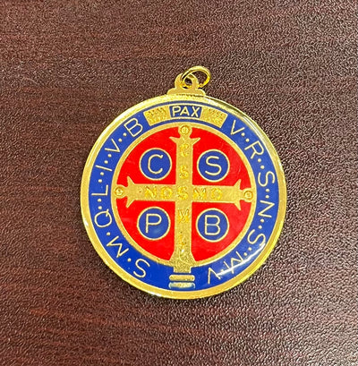 1-3/4" St. Benedict Enameled Gold Medal – Vibrant Red &amp; Blue Design