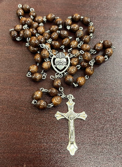 Sacrificial Heart of Jesus Rosary – Carved Oval Brown Wood Beads - SPECIAL EDITION