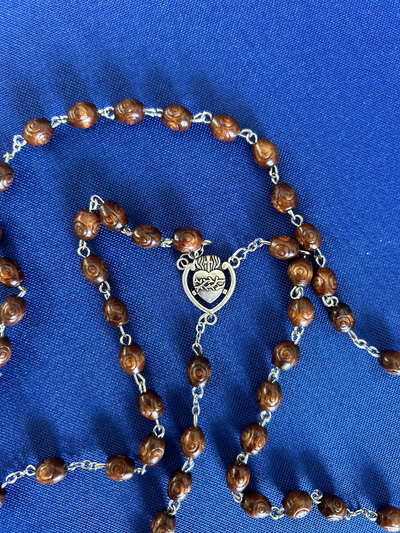 Sacrificial Heart of Jesus Rosary – Carved Oval Brown Wood Beads - SPECIAL EDITION