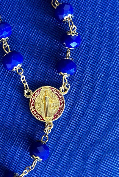 Special Edition St. Benedict Rosary with stunning Blue Crystals, Red and Gold Crucifix and Center