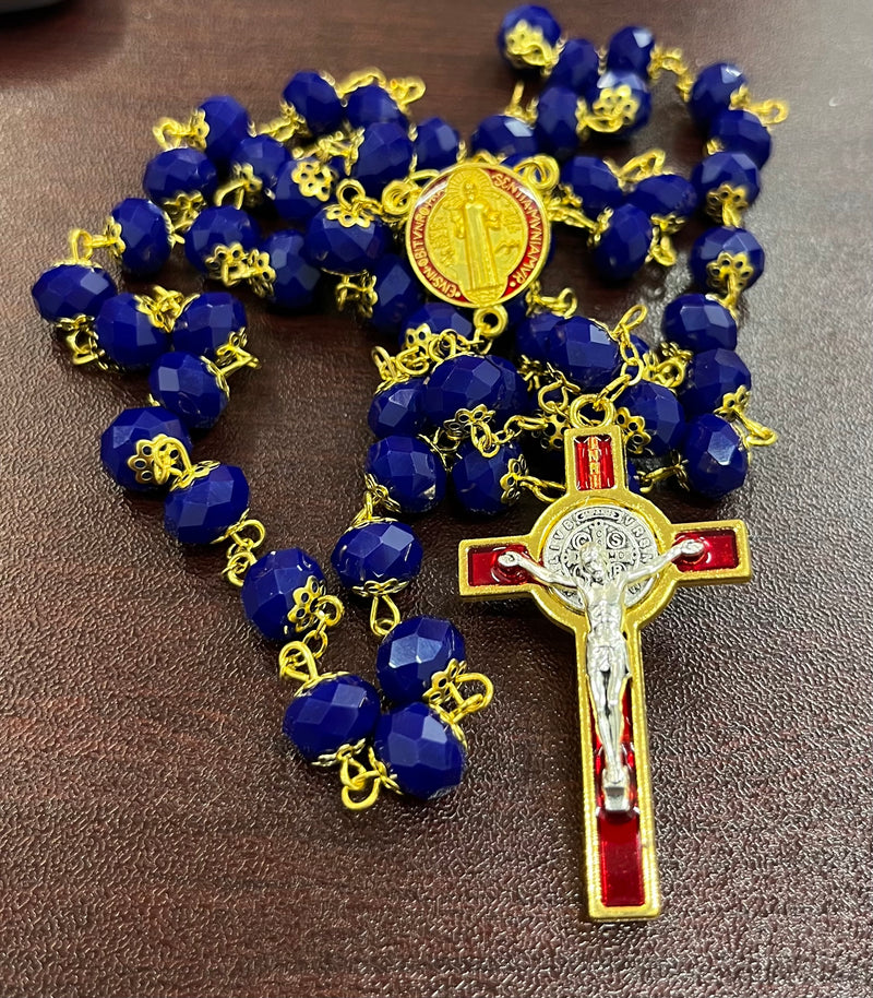 Special Edition St. Benedict Rosary with stunning Blue Crystals, Red and Gold Crucifix and Center