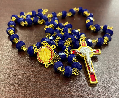 Special Edition St. Benedict Rosary with stunning Blue Crystals, Red and Gold Crucifix and Center