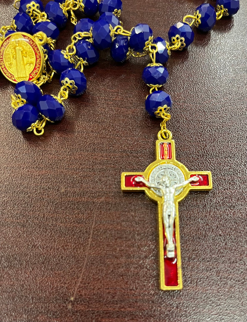 Special Edition St. Benedict Rosary with stunning Blue Crystals, Red and Gold Crucifix and Center