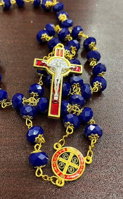 Special Edition St. Benedict Rosary with stunning Blue Crystals, Red and Gold Crucifix and Center