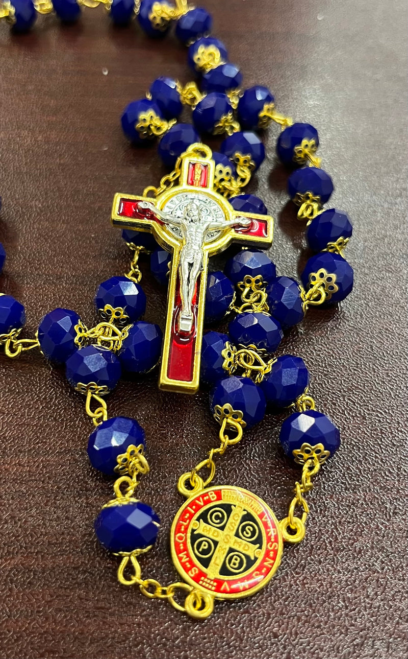 Special Edition St. Benedict Rosary with stunning Blue Crystals, Red and Gold Crucifix and Center