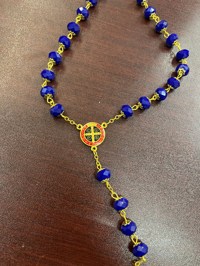 Special Edition St. Benedict Rosary with stunning Blue Crystals, Red and Gold Crucifix and Center