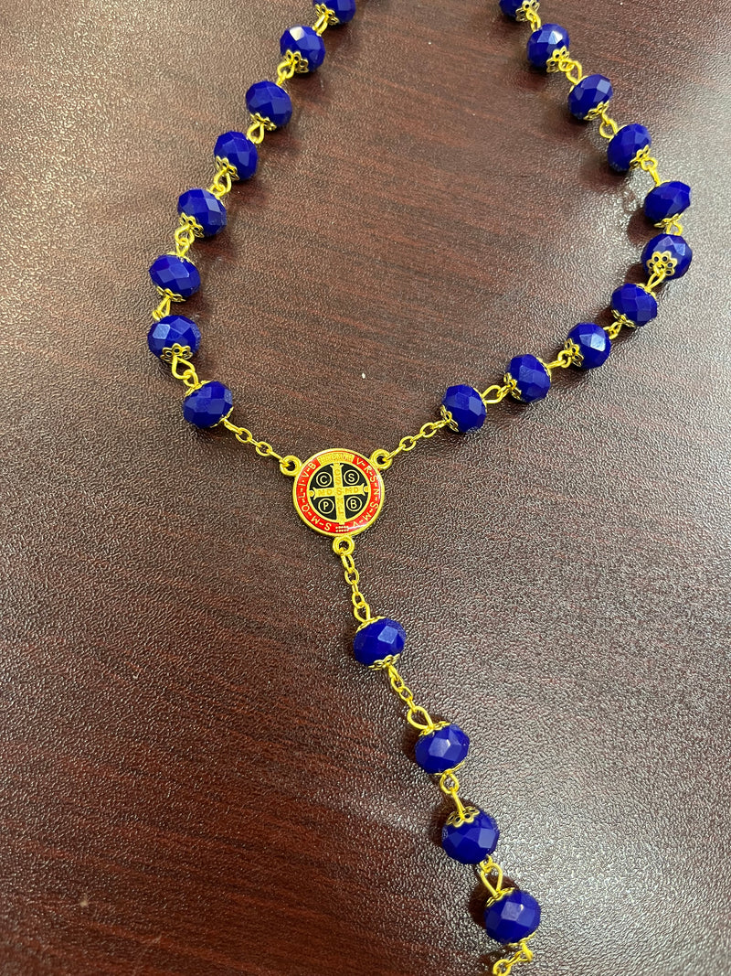 Special Edition St. Benedict Rosary with stunning Blue Crystals, Red and Gold Crucifix and Center