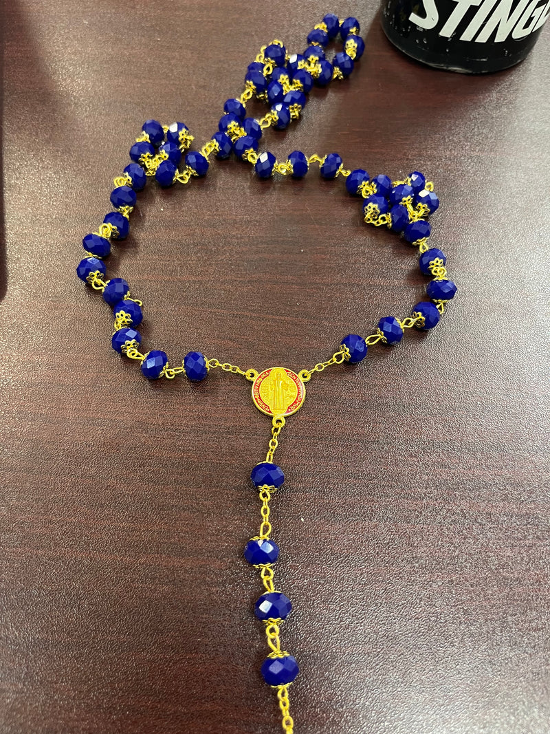 Special Edition St. Benedict Rosary with stunning Blue Crystals, Red and Gold Crucifix and Center