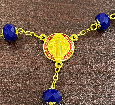 Special Edition St. Benedict Rosary with stunning Blue Crystals, Red and Gold Crucifix and Center