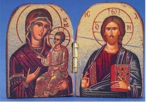 Virgin Mary the Healing / Pantocrator Gold Foil Diptych – A Sacred Icon of Faith