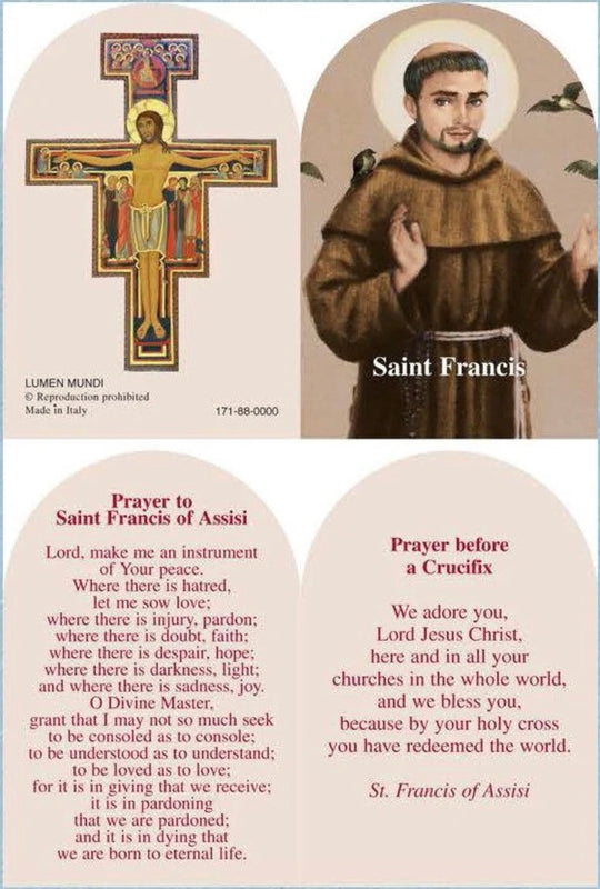 Saint Francis Arched Prayer Card with San Damiano Crucifix – Prayer of St. Francis
