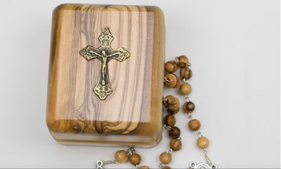 Classic Olive Wood Bead Rosary with Crucifix and Rosary Box – Made in Bethlehem