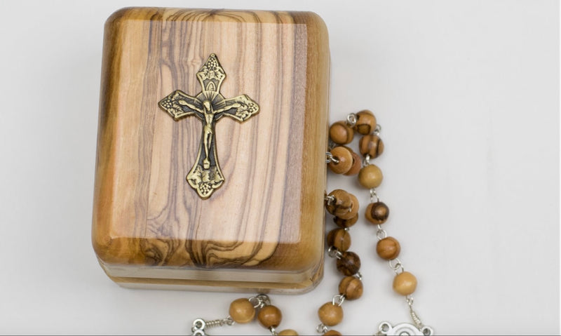 Classic Olive Wood Bead Rosary with Crucifix and Rosary Box – Made in Bethlehem