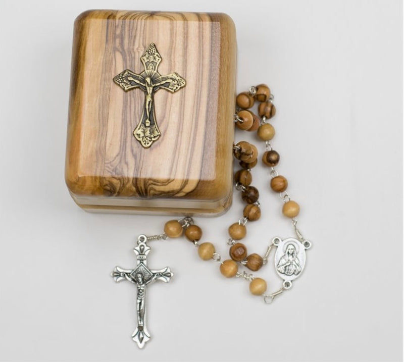 Classic Olive Wood Bead Rosary with Crucifix and Rosary Box – Made in Bethlehem