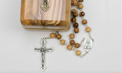 Classic Olive Wood Bead Rosary with Crucifix and Rosary Box – Made in Bethlehem