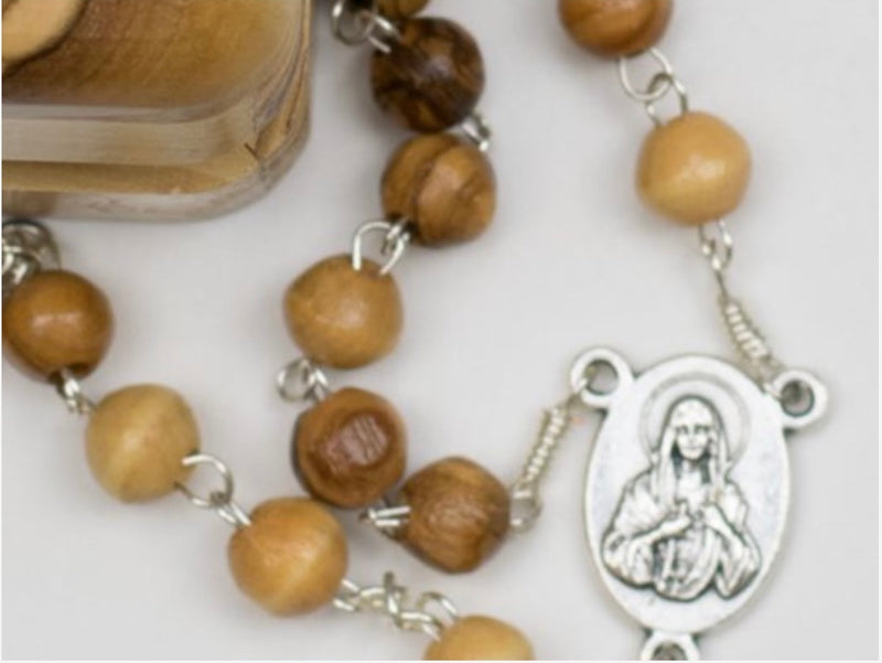 Classic Olive Wood Bead Rosary with Crucifix and Rosary Box – Made in Bethlehem