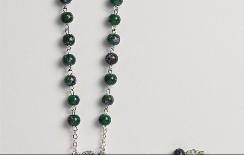 Traditional Miraculous Medal Rosary with Artistic Green Beads
