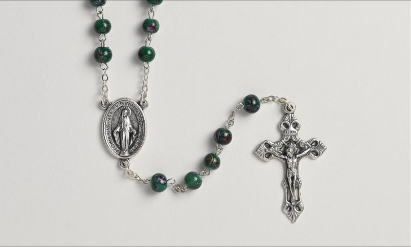 Traditional Miraculous Medal Rosary with Artistic Green Beads