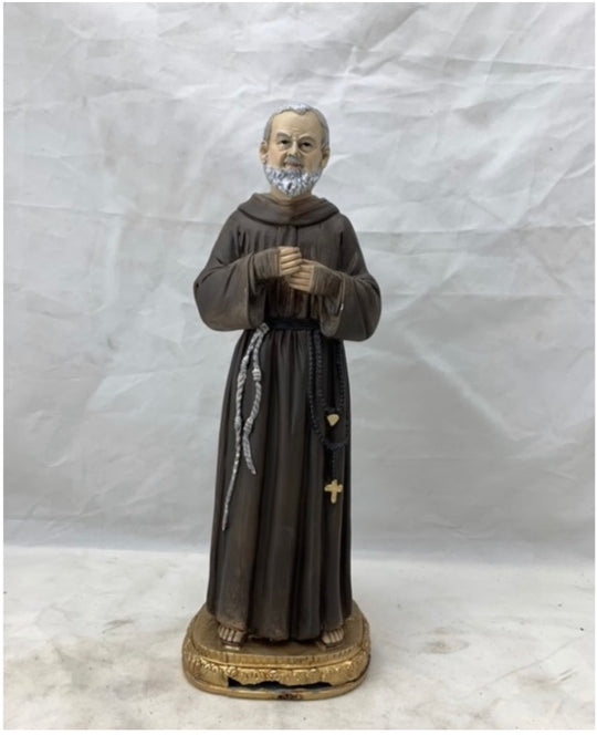 12-Inch Padre Pio Statue with Traditional Brown Robe and Bronze Base