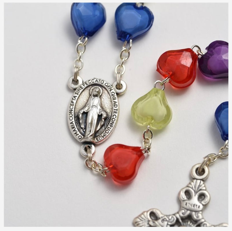 Multi-Coloured Heart-Shaped Rosary with Miraculous Medal Center in Latin