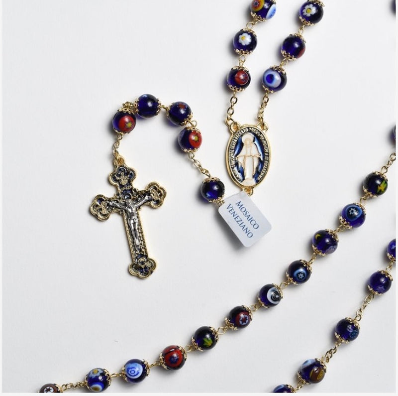 Venetian Glass Rosary with Brilliant Blue and Gold-Trimmed Crucifix and Miraculous Medal Center
